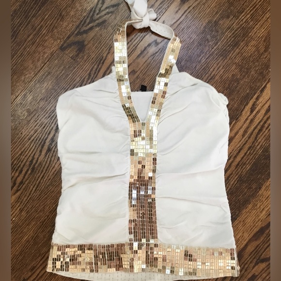 Tops - White and gold Sequence Halter Top